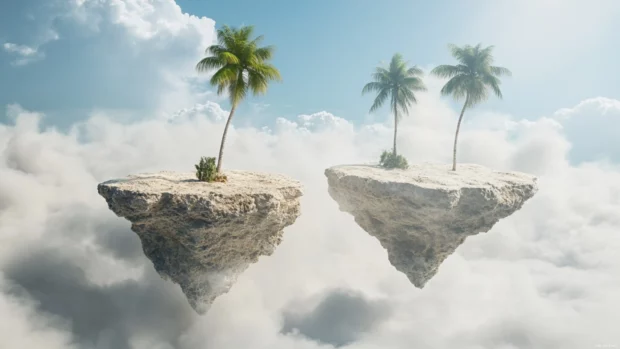 A surreal depiction of a palm tree beach, with floating islands.