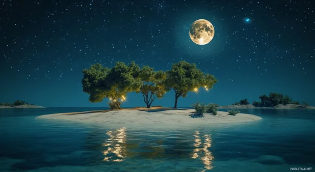 A surreal desktop wallpaper of a beach at dark night.