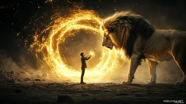 A teenage lion training with an elder lion, learning the ways of leadership, determination in its glowing eyes .