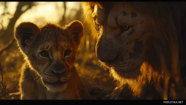 A teenage lion training with an elder lion, learning the ways of leadership, determination in its glowing eyes.