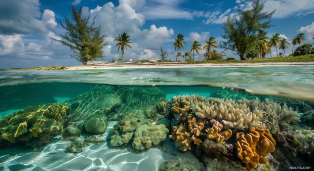 A tranquil Bahamas beach with crystal clear waters and colorful coral reefs.