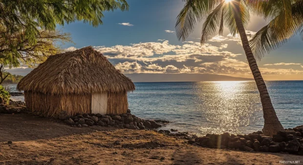 A tropical Hawaii beach with a thatched roof hut and swaying palm trees.