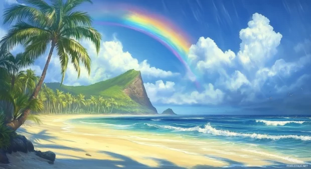 A vibrant Hawaii beach scene with a rainbow arching over the sea desktop wallpaper.