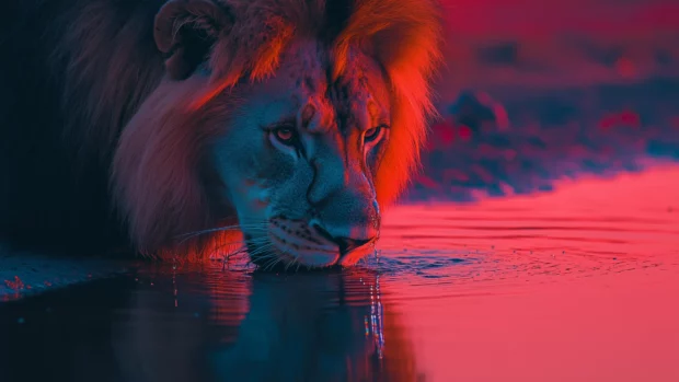 A vibrant shot of a lion drinking water at a watering hole, with droplets glistening on its whiskers.