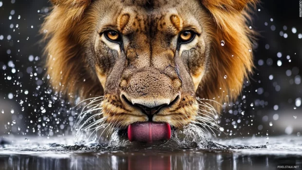 A vibrant shot of a lion drinking water at a watering hole, with droplets glistening on its whiskers.