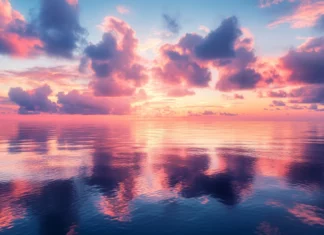 A vibrant sunrise over a calm ocean wallpaper.