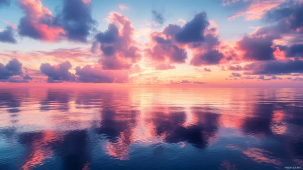 A vibrant sunrise over a calm ocean wallpaper.