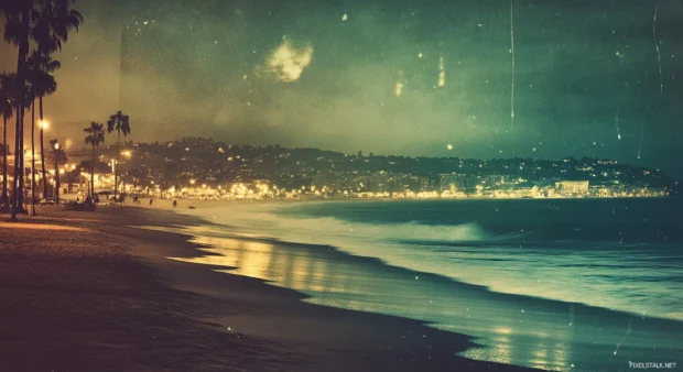 A vintage style HD wallpaper of a beach at night.