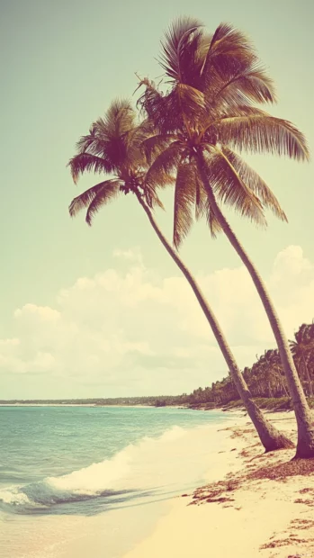 A vintage style photograph of a beach scene with palm trees and a blue ocean.