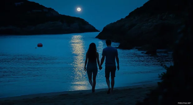 A wallpaper couple walking hand in hand along a beach at night.