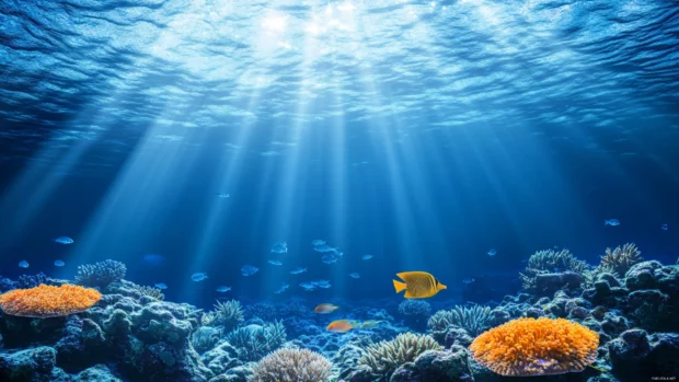 A wallpaper of an underwater scene with sunlight filtering through the water.