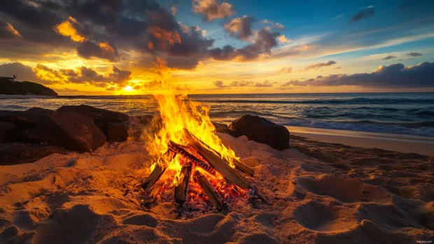 A wallpaper of beach bonfire burning brightly as the sun rises.