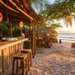 A wallpaper of beachside bar overlooking the ocean as the sun rises .