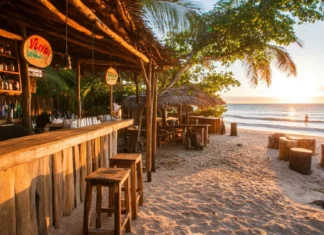 A wallpaper of beachside bar overlooking the ocean as the sun rises .