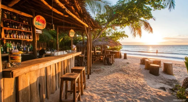 A wallpaper of beachside bar overlooking the ocean as the sun rises .