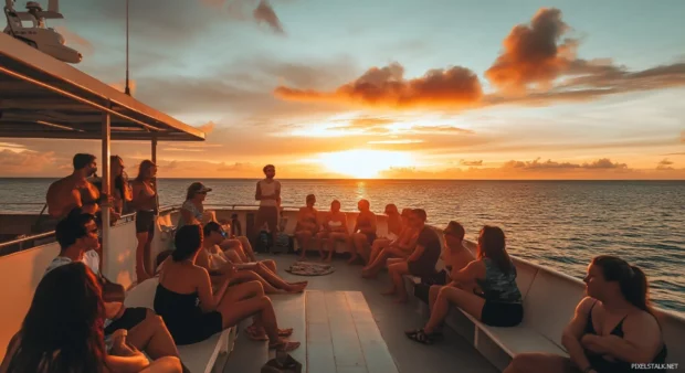 A wallpaper with group of people enjoying a sunrise cruise on a boat.