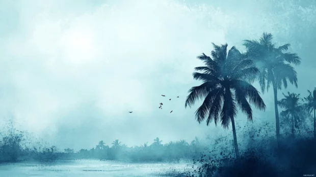 A watercolor painting HD wallpaper of a palm tree beach with soft colors.