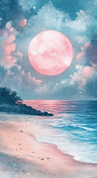 A watercolor painting of a beach at sunset, with soft blue and pink hues and a dreamy atmosphere (4).