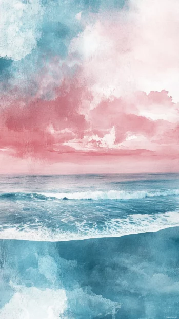 A watercolor painting of a beach with soft blue and pink hues.