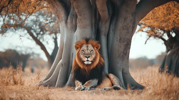 A wise lion king sitting under a sacred baobab tree, watching over its kingdom with deep wisdom in its eyes.