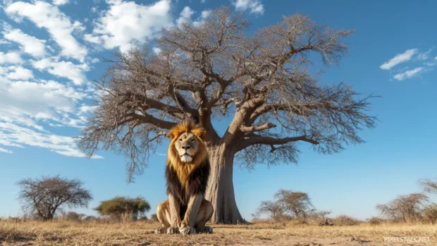 A wise lion king sitting under a sacred baobab tree, watching over its kingdom with deep wisdom in its eyes.