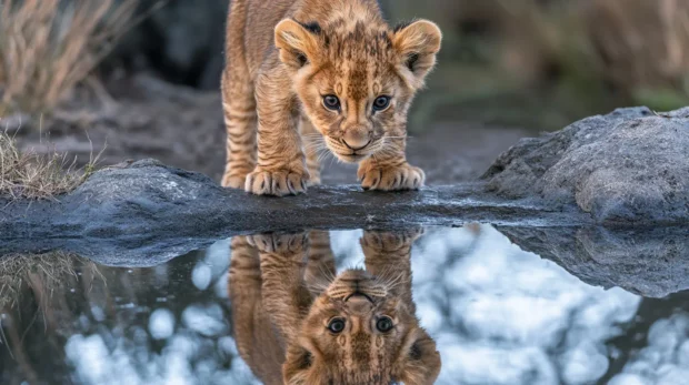 A young lion cub standing on a rock, looking at its reflection in the water.