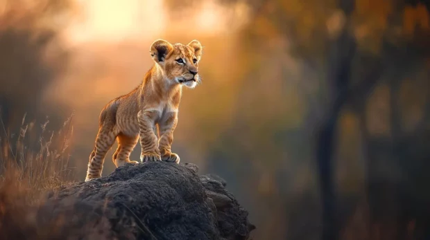 A young lion cub standing on the edge of a cliff, feeling the wind in its fur, dreaming of becoming a great king.