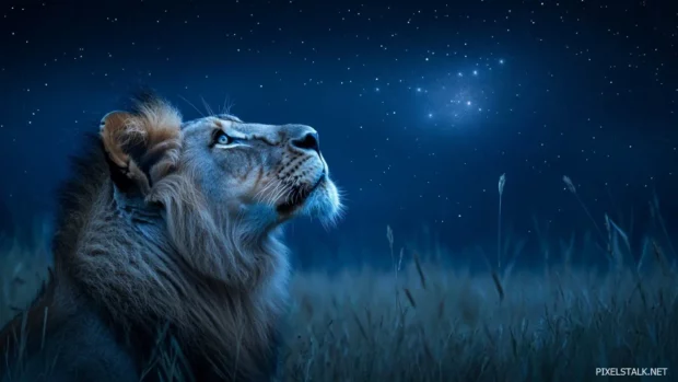 A young lion looking up at the night sky, the stars forming the shape of a mighty lion.