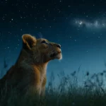 A young lion looking up at the night sky, the stars forming the shape of a mighty lion, representing its ancestors.