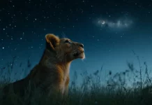 A young lion looking up at the night sky, the stars forming the shape of a mighty lion, representing its ancestors.