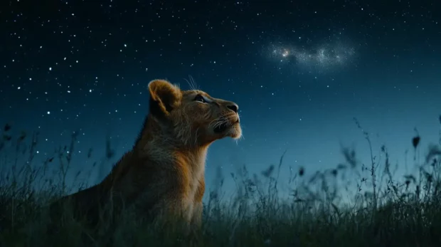 A young lion looking up at the night sky, the stars forming the shape of a mighty lion, representing its ancestors.