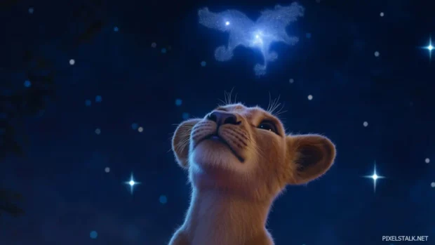 A young lion looking up at the night sky, the stars forming the shape of a mighty lion, representing its ancestors.