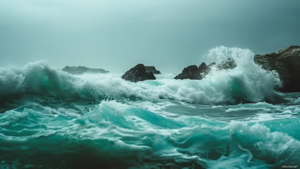 Abstract cool teal waves crashing on a rocky shoreline under a cloudy sky.