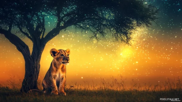 Adorable lion cub sits under giant acacia tree, eyes on starry night sky, soft dreamy feel.