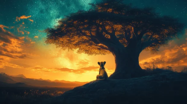 An adorable lion cub sitting under a giant acacia tree, gazing curiously at the starry night sky, soft and dreamy atmosphere.