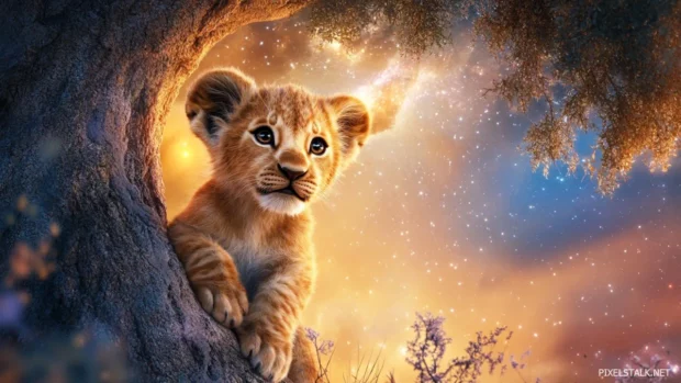 An adorable lion cub sitting under a giant acacia tree, gazing curiously at the starry night sky, soft and dreamy atmosphere.