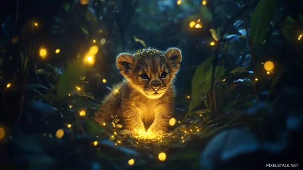 An adventurous lion cub exploring a deep jungle, surrounded by glowing plants and fireflies.