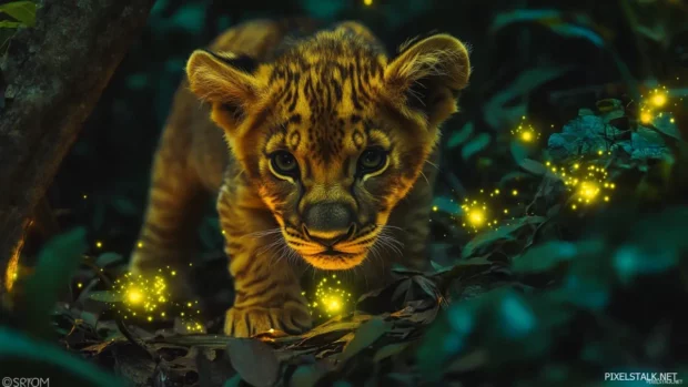 An adventurous lion cub exploring a deep jungle, surrounded by glowing plants and fireflies, full of curiosity and wonder .