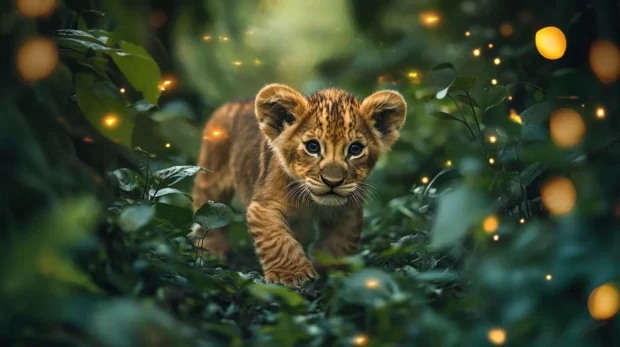 An adventurous lion cub exploring a deep jungle, surrounded by glowing plants and fireflies, full of curiosity and wonder.