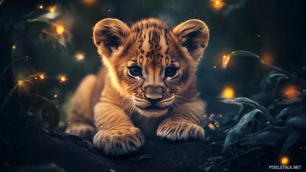 An adventurous lion cub exploring a deep jungle, surrounded by glowing plants and fireflies, full of curiosity and wonder.