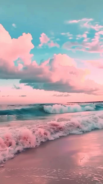 An aesthetic beach with soft waves gently crashing on the shore.