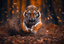 An angry tiger charging forward, claws extended, dirt and leaves flying in the air, dynamic motion captured mid leap.