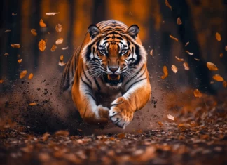 An angry tiger charging forward, claws extended, dirt and leaves flying in the air, dynamic motion captured mid leap.