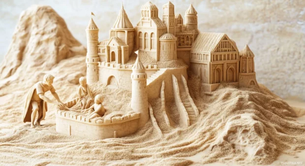 An illustration of a 3D sandcastle on a beach for desktop background.