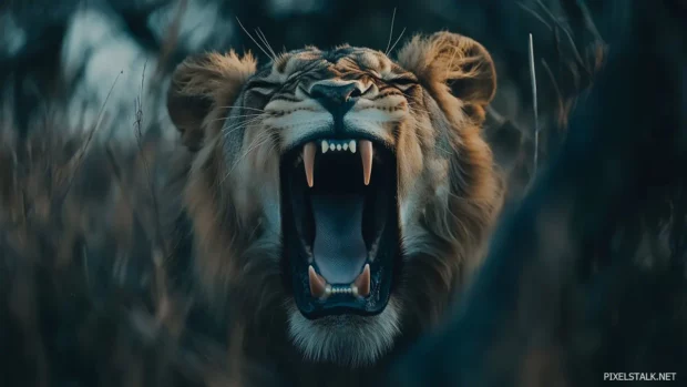 An intense portrait of a lion roaring, capturing the strength and power of its open mouth and sharp teet.