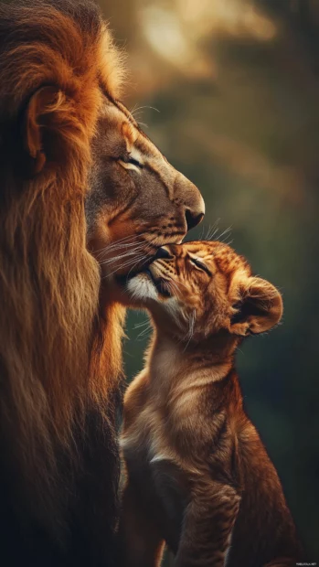 An intimate moment of a lion cub nuzzling against its mother face, capturing the warmth and affection.