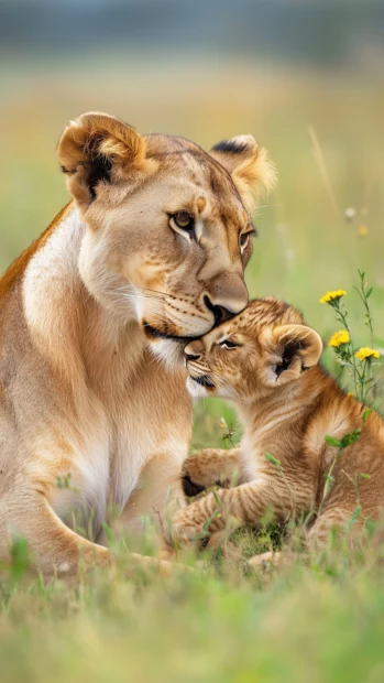 An intimate moment of a lion cub nuzzling against its mother face.