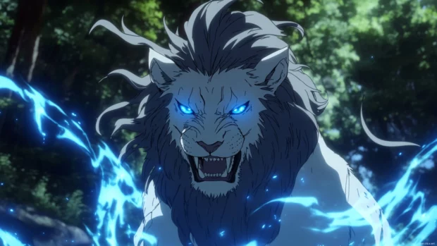 Anime lion with fierce blue eyes, magical energy swirling, stands in a mystical forest.