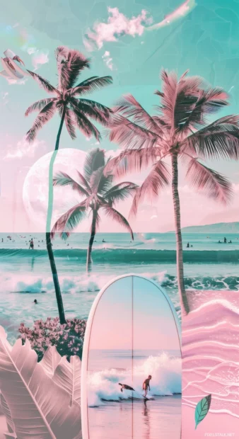 Beach theme with surfboards and palm trees for iPhone.