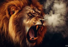 Close up of a roaring lion, amber eyes blazing with rage, steam in cold night air.